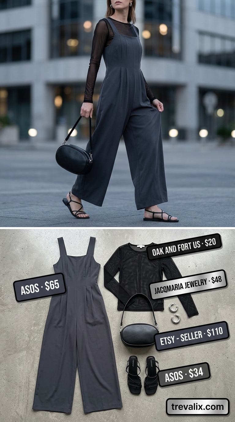 Modest Summer Outfits for Women 2026: Edgy Layers Monochrome layered modest summer outfit with charcoal jumpsuit and black mesh top 2026.