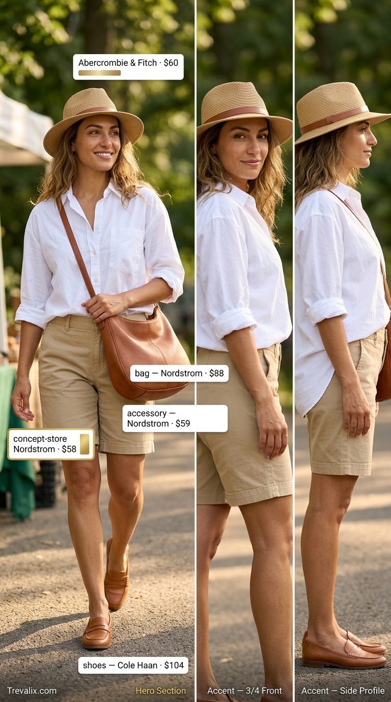Modest Summer Outfits for Women 2026: Safari Chic Refined layered modest summer outfit with khaki shorts, white blouse & cream cardigan 2026.