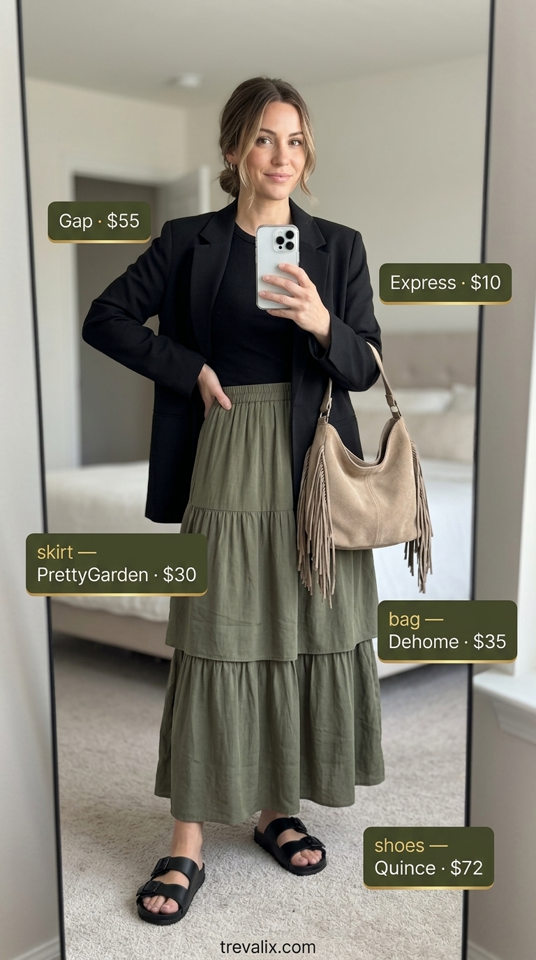 Modest Summer Outfits for Women 2026: Bohemian Layers Bohemian layered modest summer outfit with olive green tiered skirt and black blazer 2026.