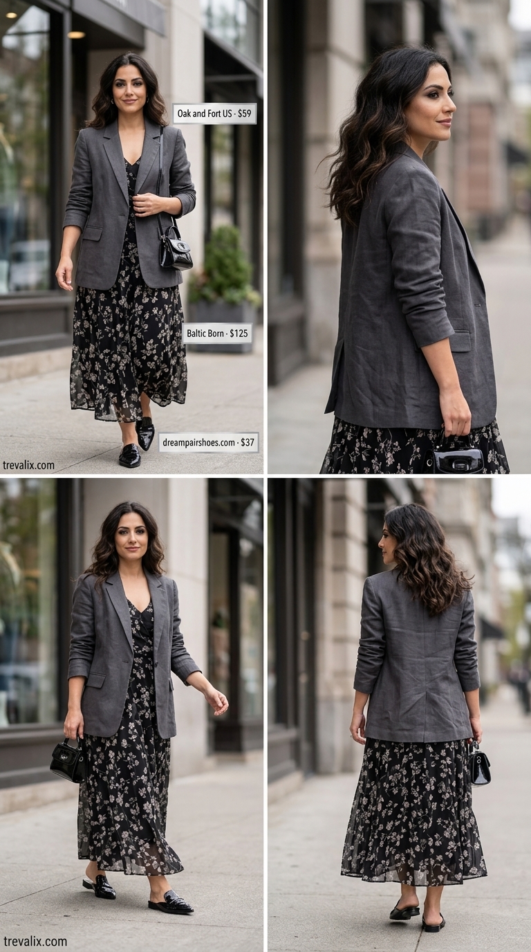 Modest Summer Outfits for Women 2026: City Layers Chic layered modest summer outfit with black palazzo pants and floral dress 2026.