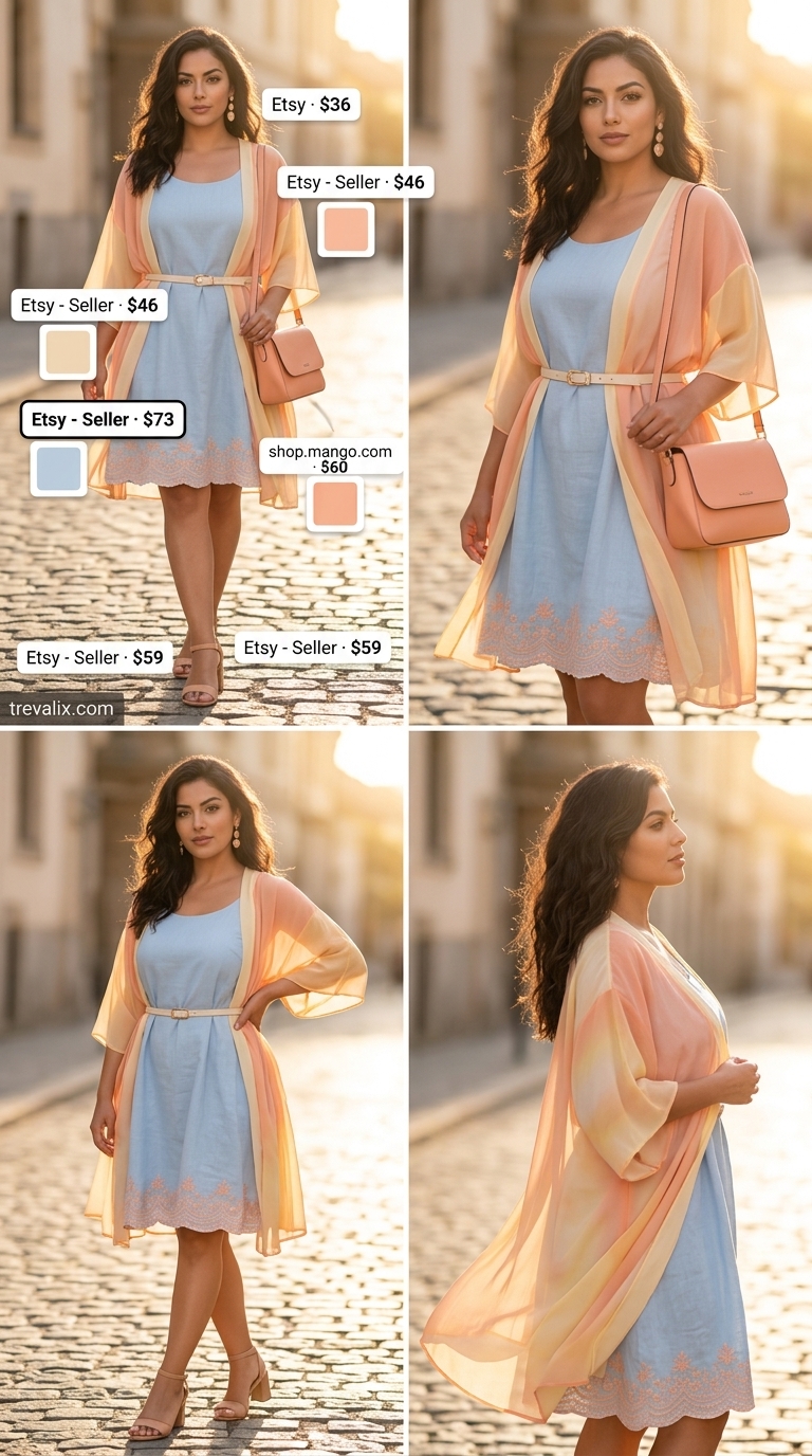 Modest Summer Outfits for Women 2026: Feminine Layers Graceful layered modest summer outfit with powder blue dress and sheer peach kimono 2026.