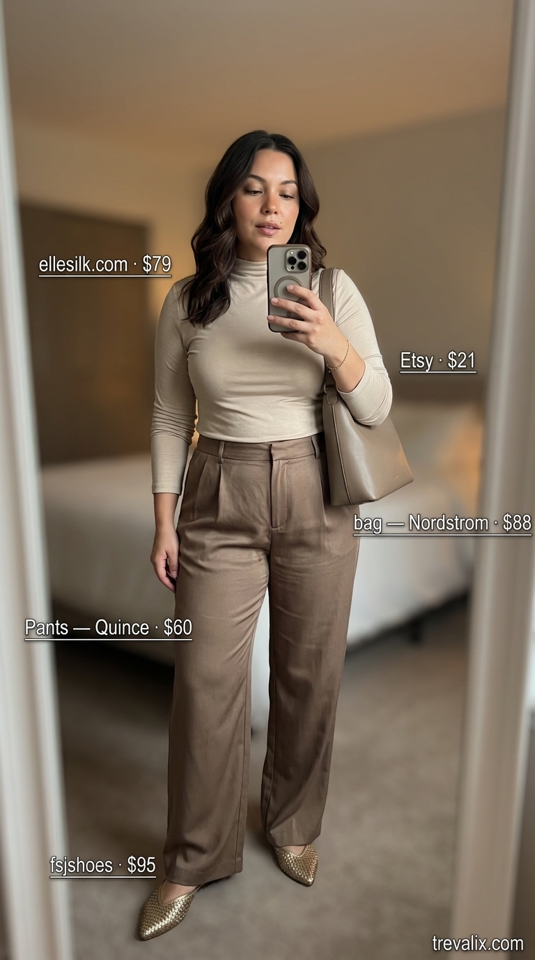 Modest Summer Outfits for Women 2026: Elegant Layers Sophisticated layered modest summer outfit with cream wide-leg pants and taupe top 2026.