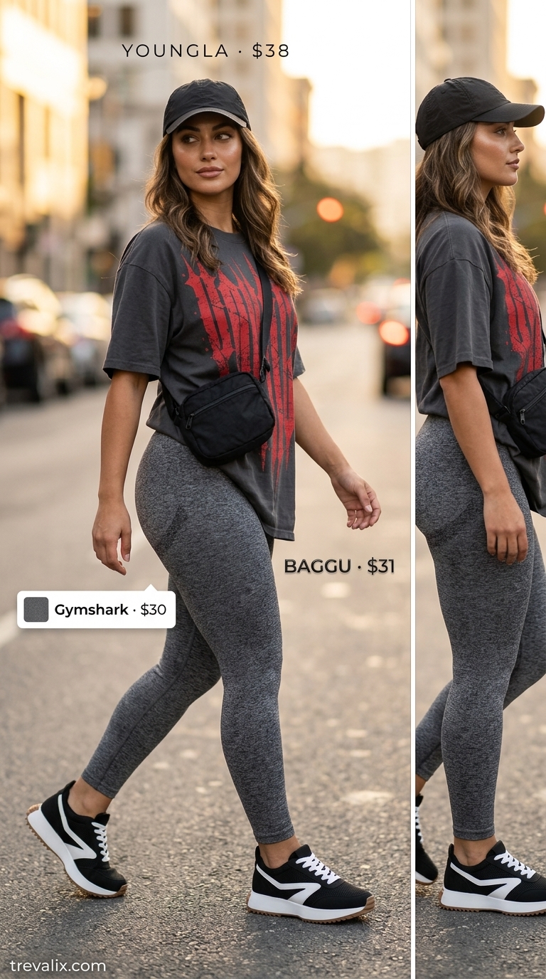 Legging with oversized tee outfits summer for women 2026: Black leggings, graphic tee, chunky sneakers for athleisure.