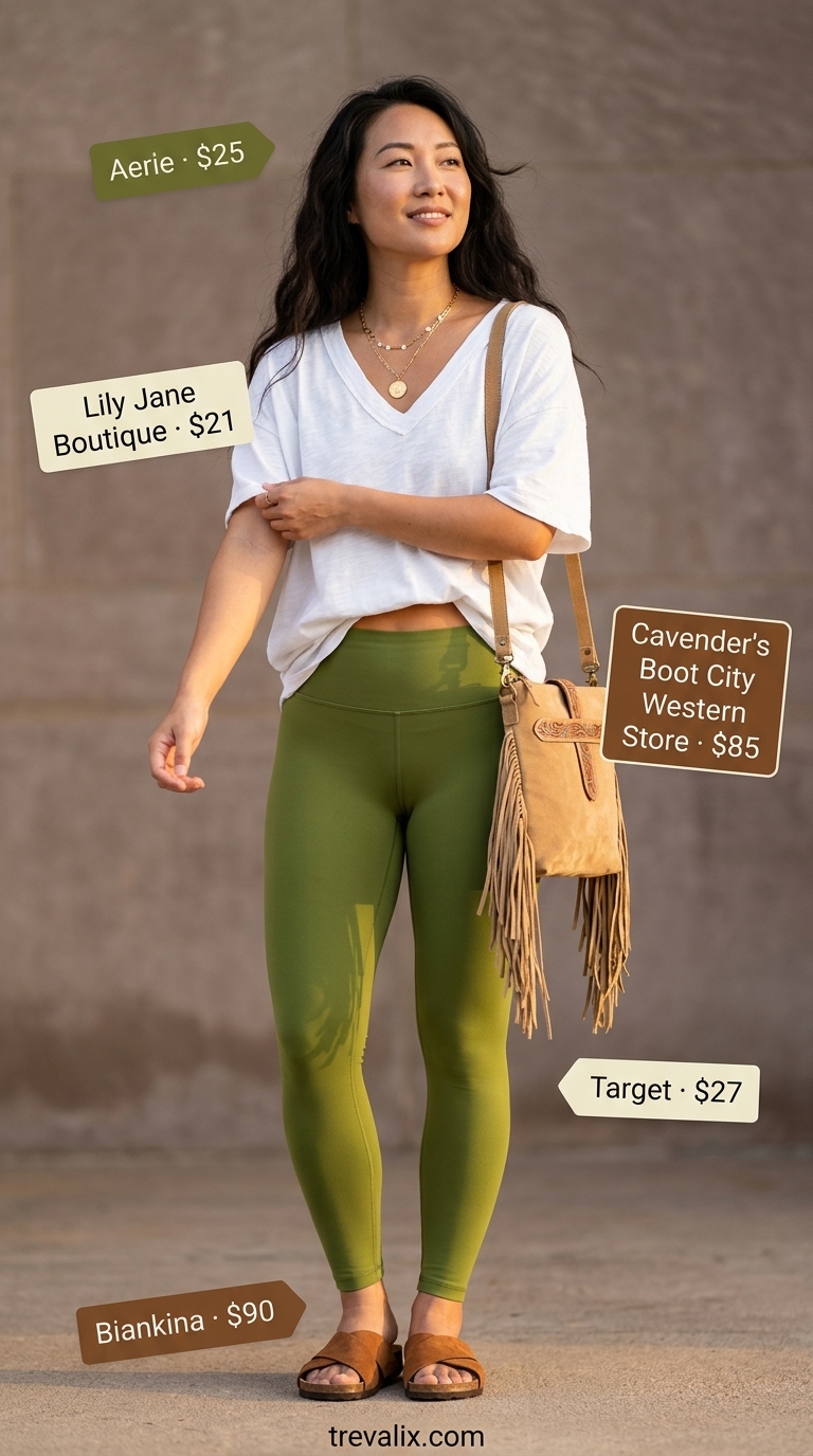 Legging with oversized tee outfits summer for women 2026: Olive green leggings, cream oversized tee, and fringe crossbody bag.