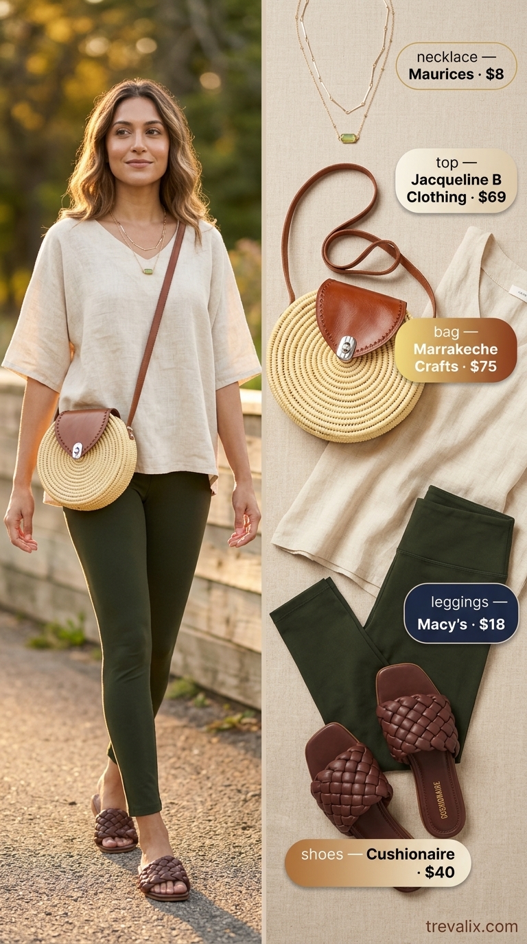 Legging with oversized tee outfits summer for women 2026: Olive green leggings, cream oversized tee, and round straw crossbody bag.