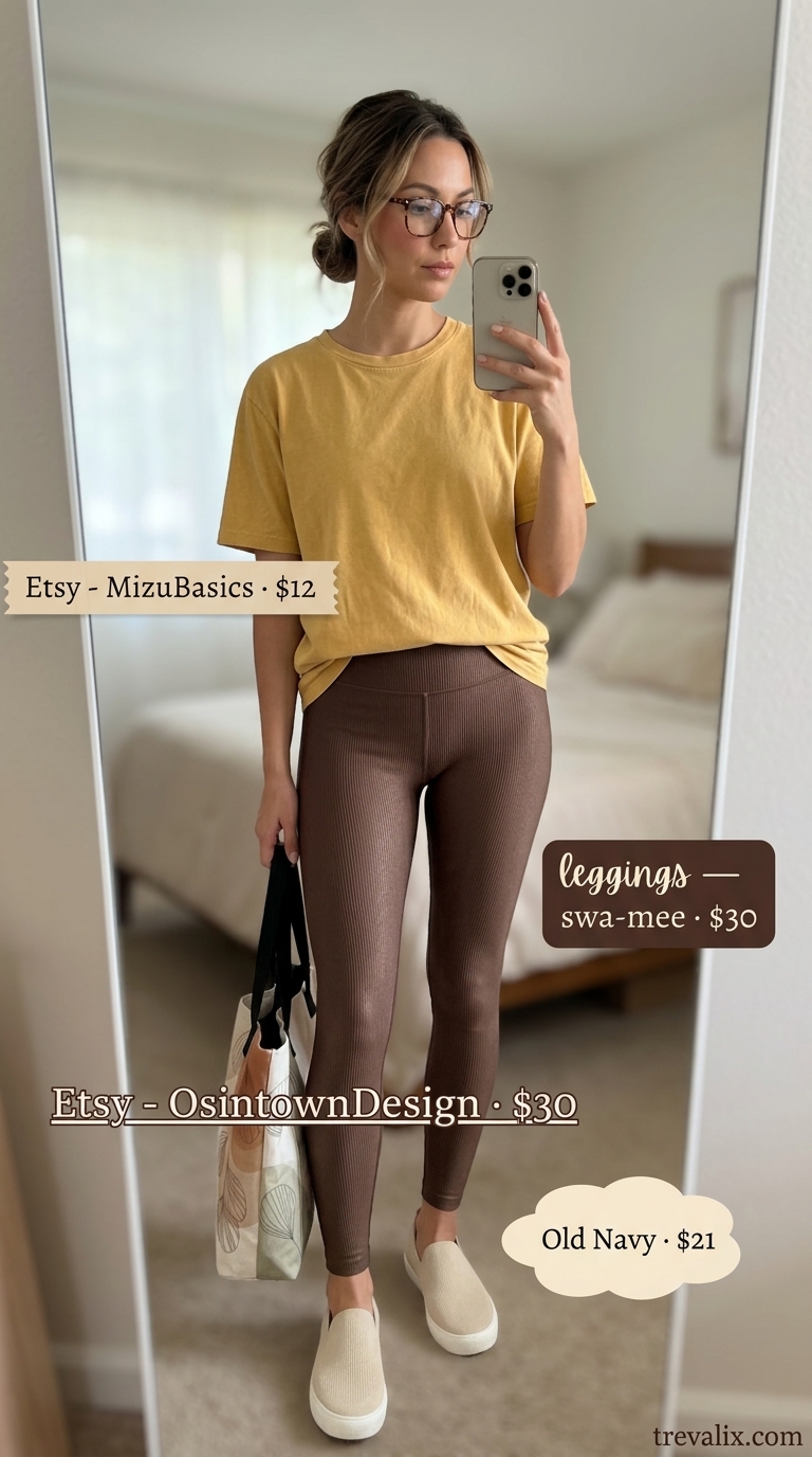 Legging with oversized tee outfits summer for women 2026: Brown leggings, mustard tee, canvas bag for boho coffee shop.