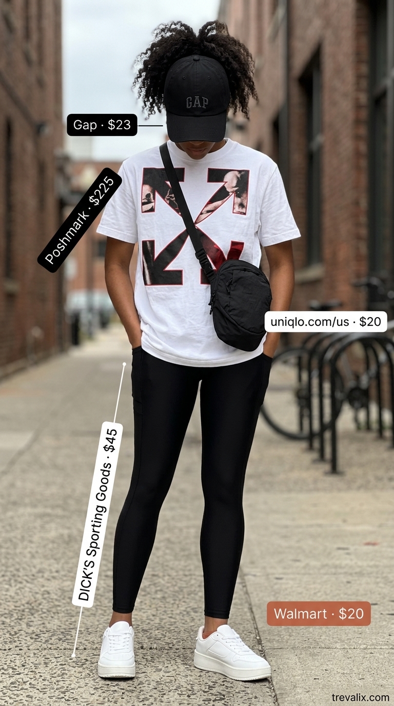 Legging with oversized tee outfits summer for women 2026: City Commuter Cool look with black leggings, graphic tee, and sneakers.