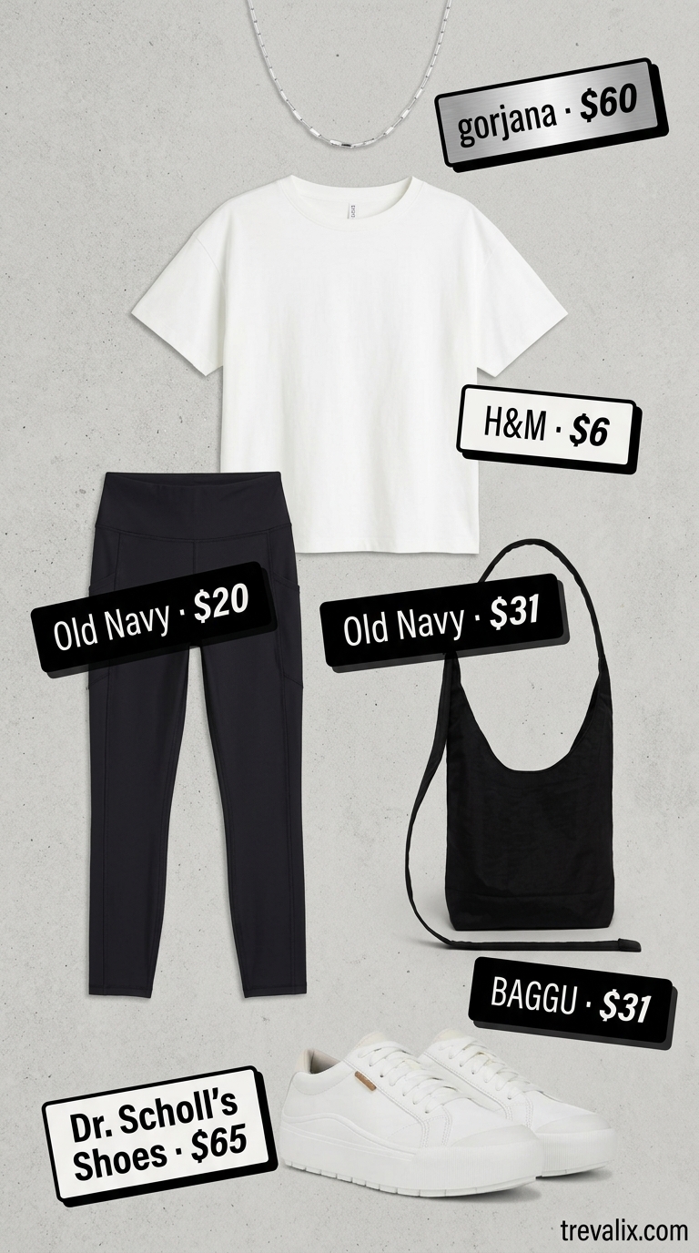 Legging with oversized tee outfits summer for women 2026: Black leggings, white tee, fashion sneakers for city athleisure.