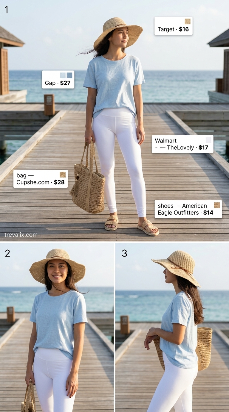 Legging with oversized tee outfits summer for women 2026: White leggings, sky blue tee, straw tote for coastal resort.