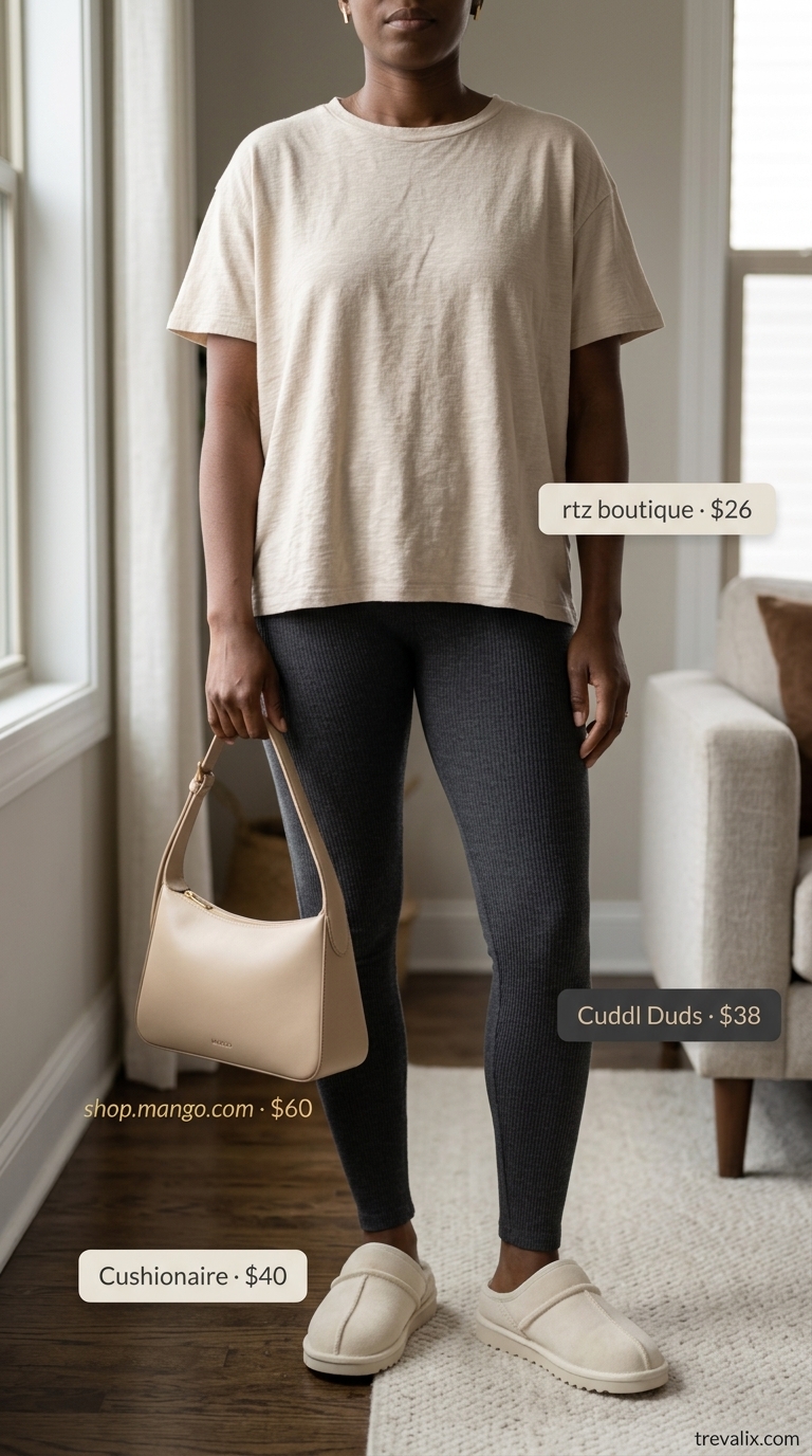 Legging with oversized tee outfits summer for women 2026: Charcoal leggings, beige tee, cream mules for cozy mornings.