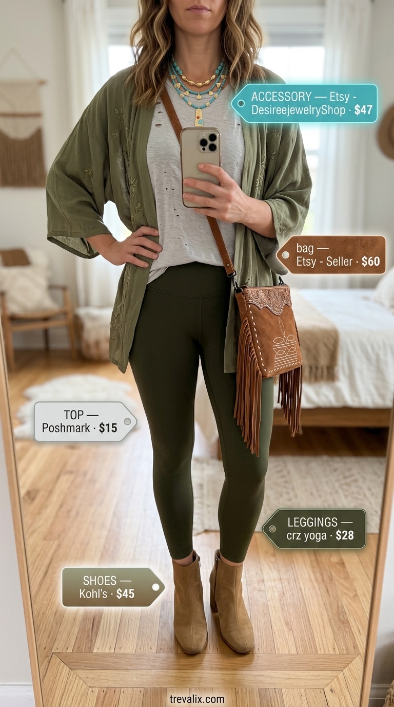 Legging with oversized tee outfits summer for women 2026: Olive green leggings, white distressed tee, and fringe crossbody bag.