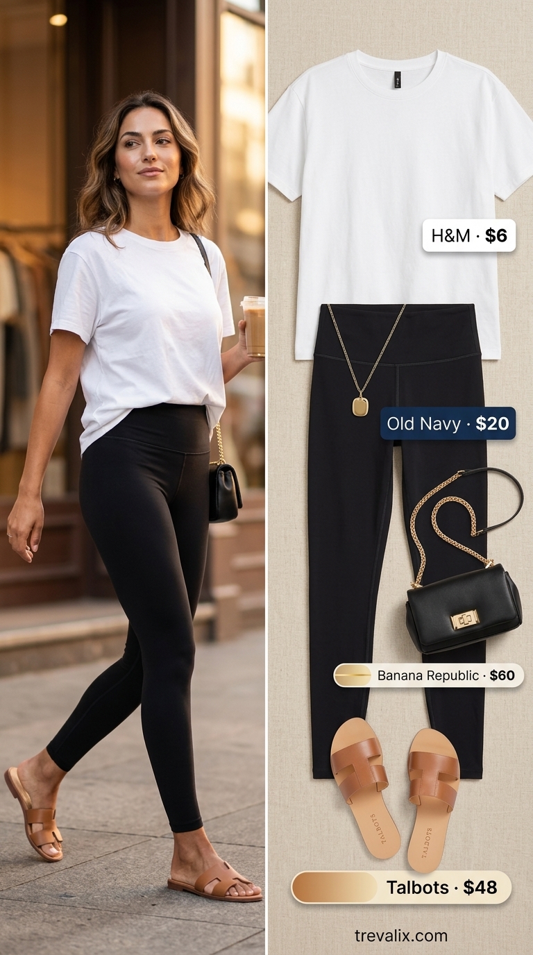 Legging with oversized tee outfits summer for women 2026: Effortless City Wanderer look with black leggings, white tee, and slide sandals.