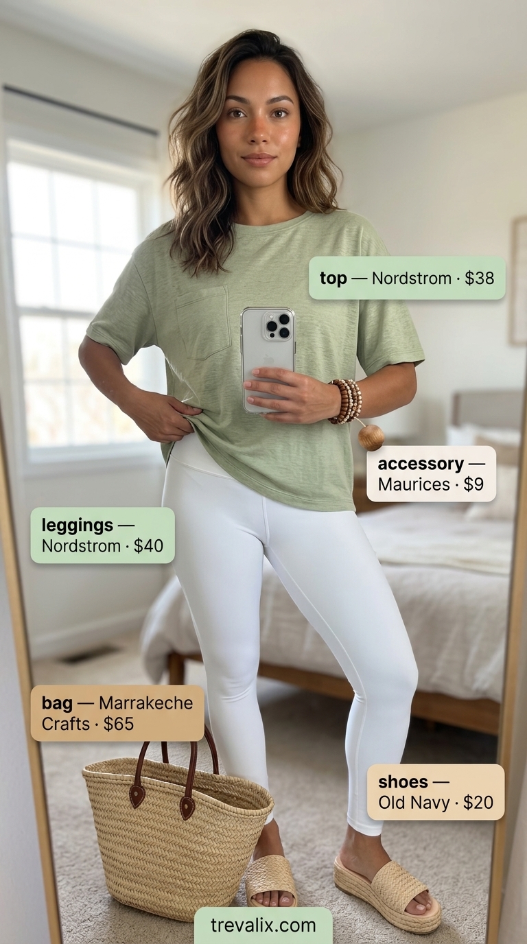 Legging with oversized tee outfits summer for women 2026: Sage green oversized tee, white leggings, and straw market tote.