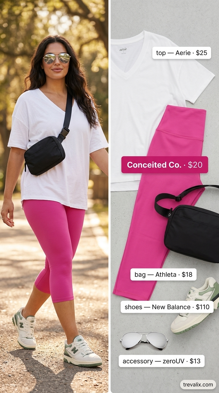 Legging with oversized tee outfits summer for women 2026: Fuchsia leggings, white graphic tee, neon sneakers for festival.