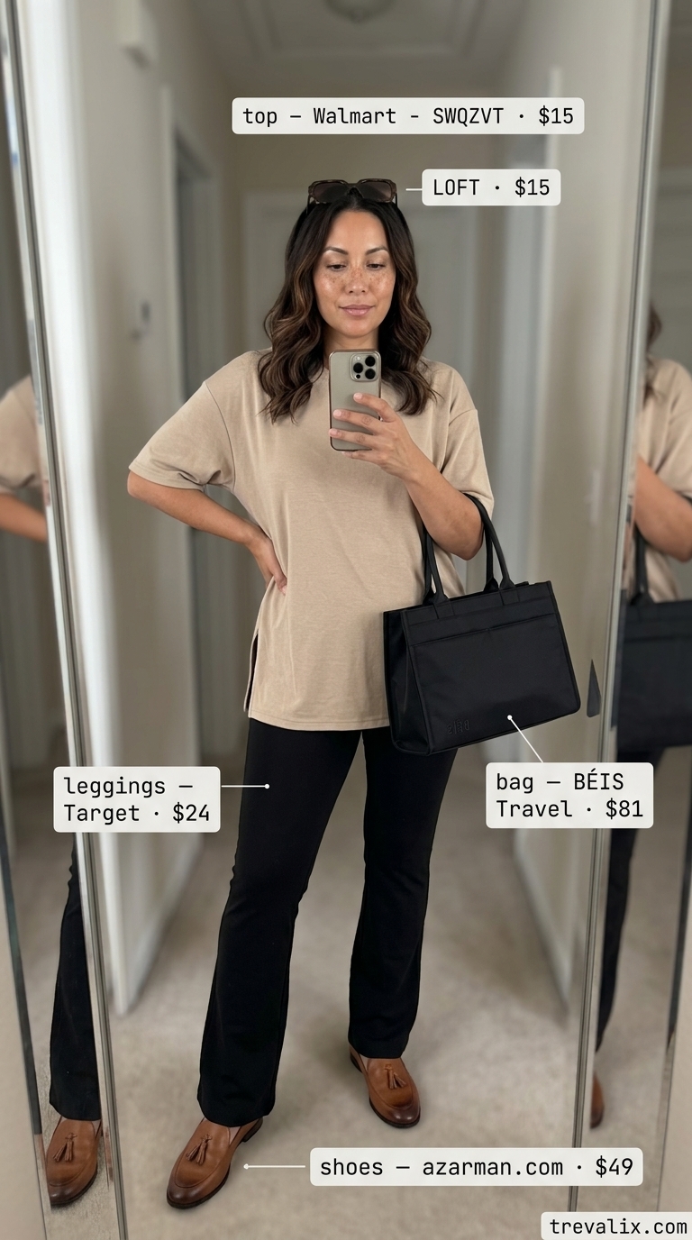 Legging with oversized tee outfits summer for women 2026: Jet Setter's Sanctuary airport travel outfit with flare leggings and cream tee.