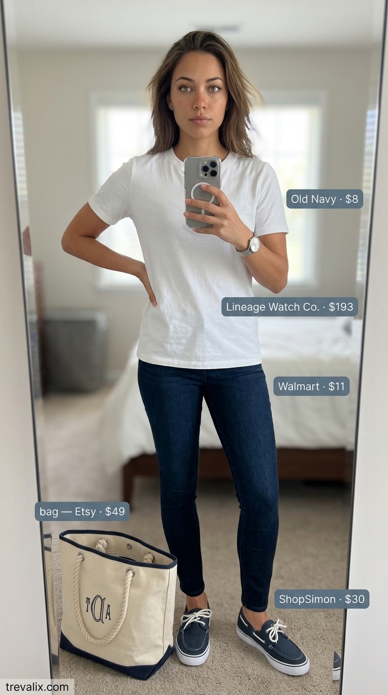 Legging with oversized tee outfits summer for women 2026: Lakeside Lounge look with denim jeggings and white Henley tee.