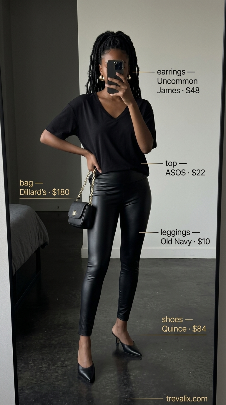 Legging with oversized tee outfits summer for women 2026: Black faux leather leggings, black oversized tee, and gold statement earrings.