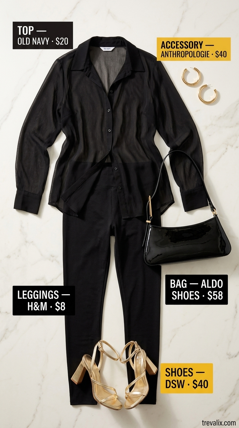 Legging with oversized tee outfits summer for women 2026: Monochromatic Glam Resort outfit with black leggings and sheer shirt.