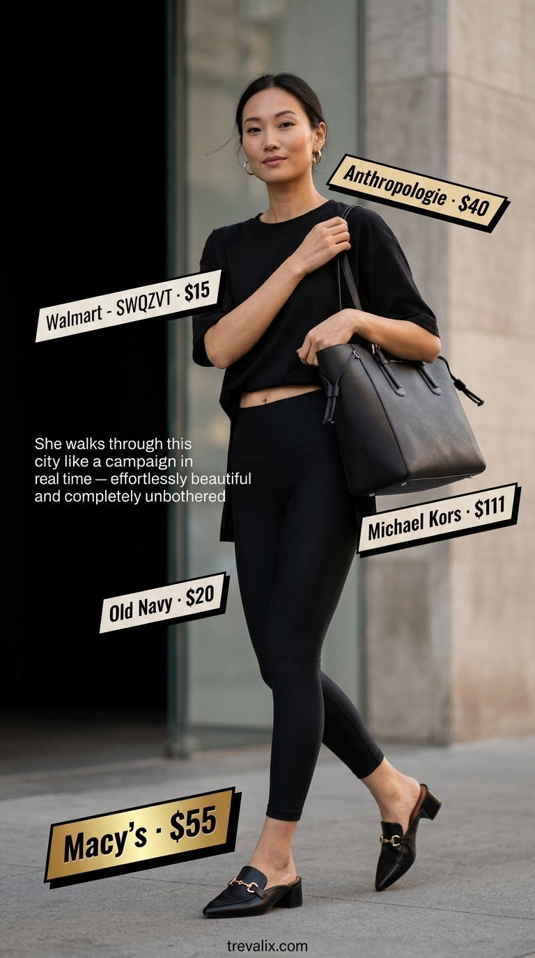 Legging with oversized tee outfits summer for women 2026: Monochrome Modern evening look with black leggings, tunic tee, and flat mules.