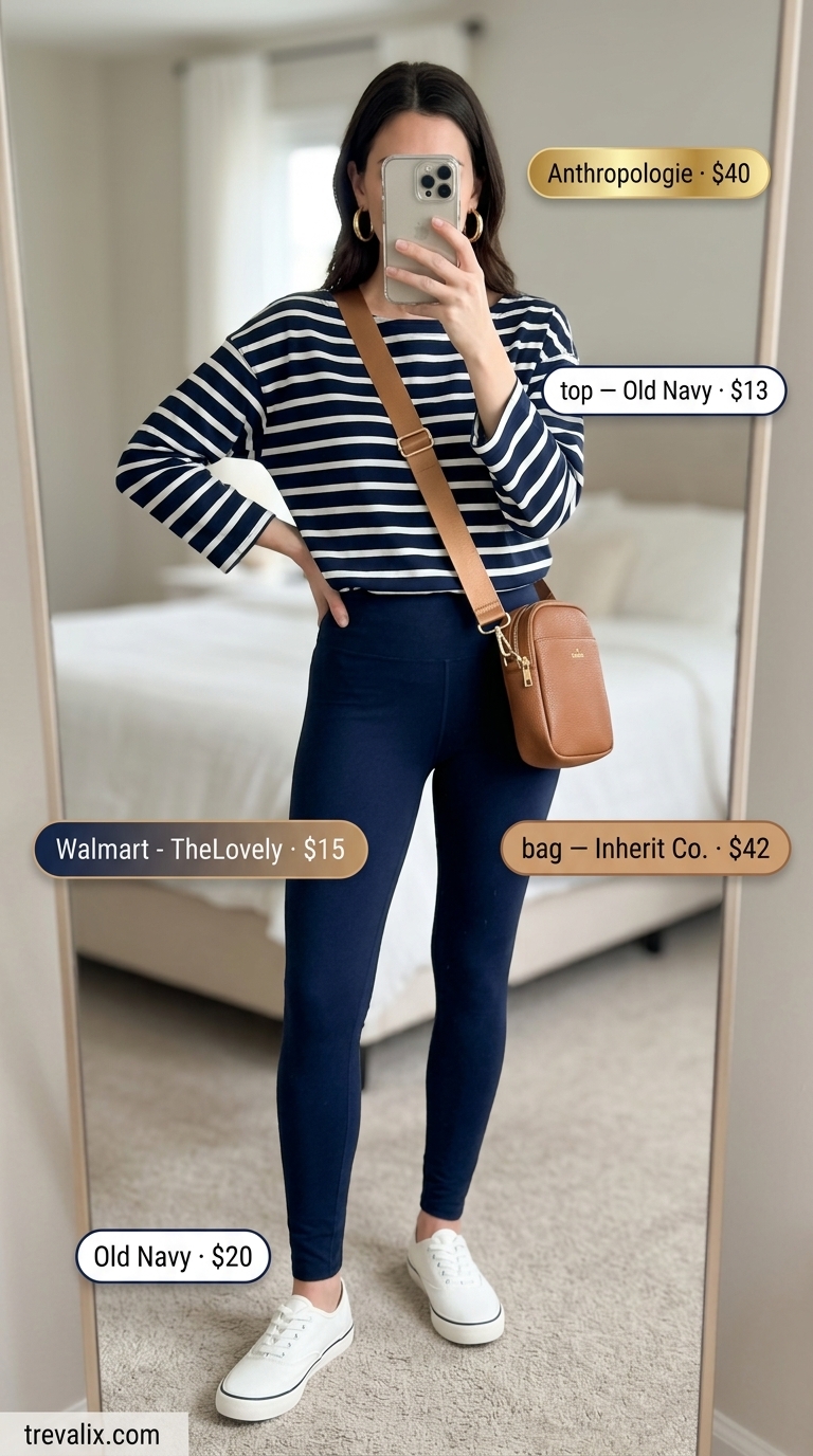 Legging with oversized tee outfits summer for women 2026: Navy stripe tee, navy leggings, tan bag, white sneakers for brunch.