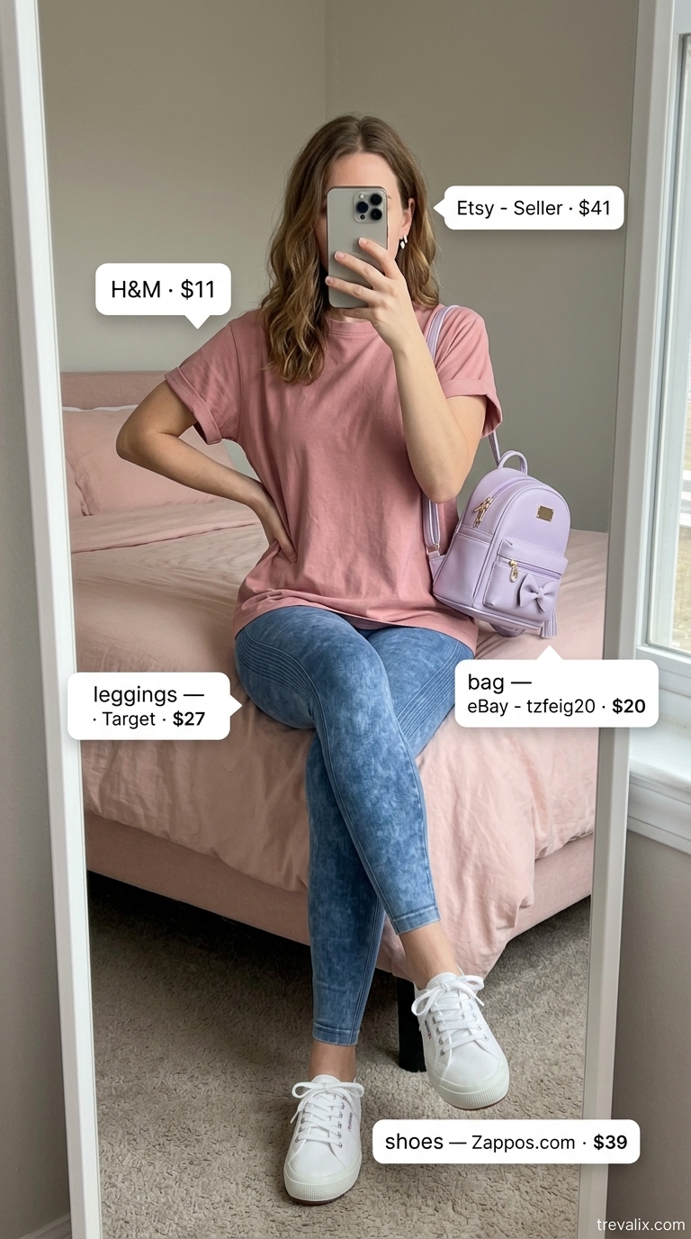 Legging with oversized tee outfits summer for women 2026: Light blue leggings, blush pink oversized tee, and mini backpack.