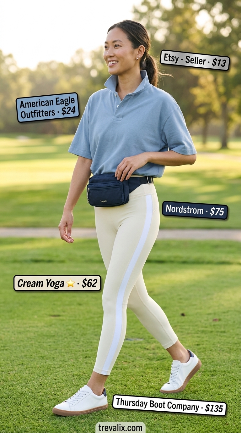 Legging with oversized tee outfits summer for women 2026: Preppy look with sky blue polo, white capri leggings, and navy belt bag.