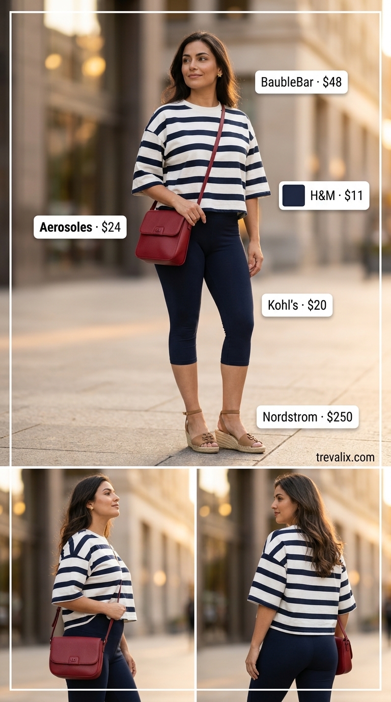 Legging with oversized tee outfits summer for women 2026: Relaxed Brunch Date with navy capri leggings, striped tee, and espadrilles.