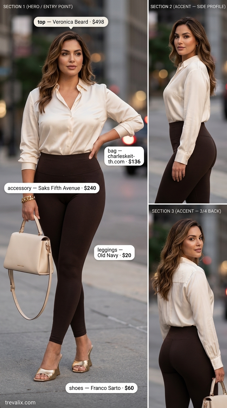 Legging with oversized tee outfits summer for women 2026: Sophisticated Summer Evening with dark brown leggings and ivory silk shirt.