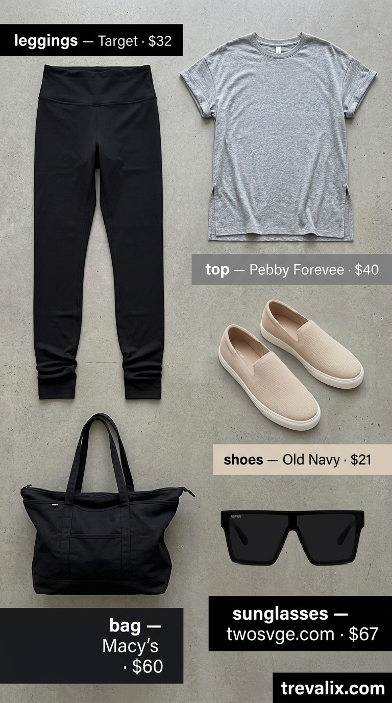 Legging with oversized tee outfits summer for women 2026: Black leggings, grey tee, canvas sneakers for travel comfort.
