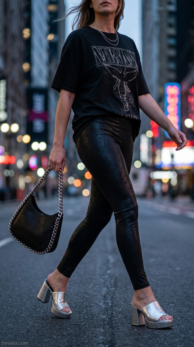Legging with oversized tee outfits summer for women 2026: Urban Edge Summer concert outfit with faux leather leggings and band tee.
