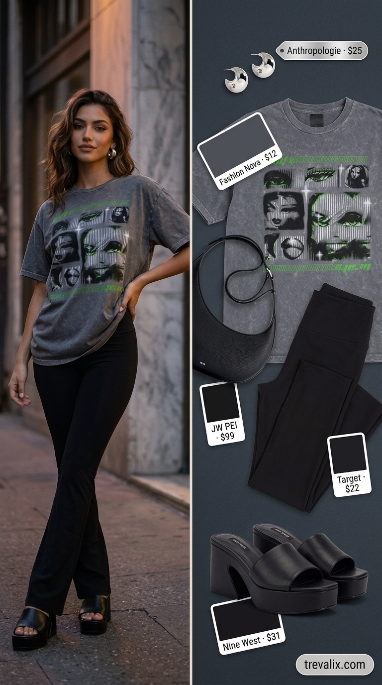 Legging with oversized tee outfits summer for women 2026: Edgy charcoal graphic tee, black flare leggings, and platform sandals.