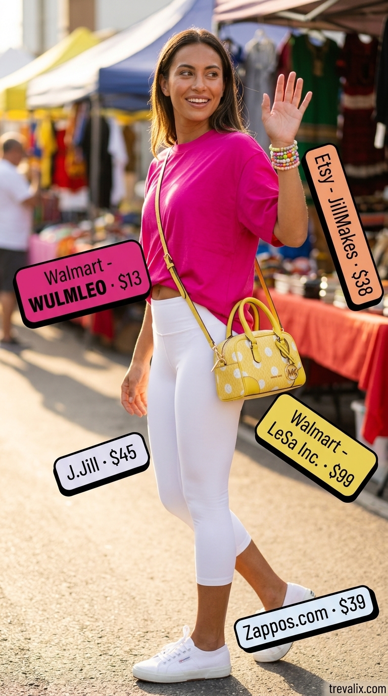 Legging with oversized tee outfits summer for women 2026: White leggings, fuchsia oversized tee, and yellow crossbody bag.