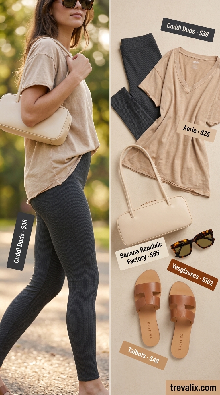 Legging with oversized tee outfits summer for women 2026: Charcoal leggings, beige tee, tan sandals for weekend wanderer.