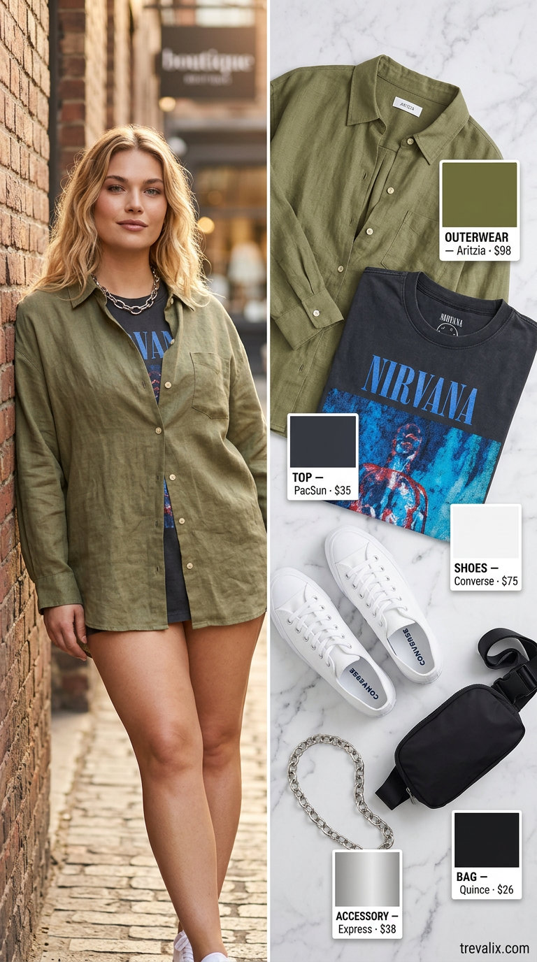 Midsize denim outfits summer for women 2026: Cutoff denim shorts with graphic tee and linen shirt.