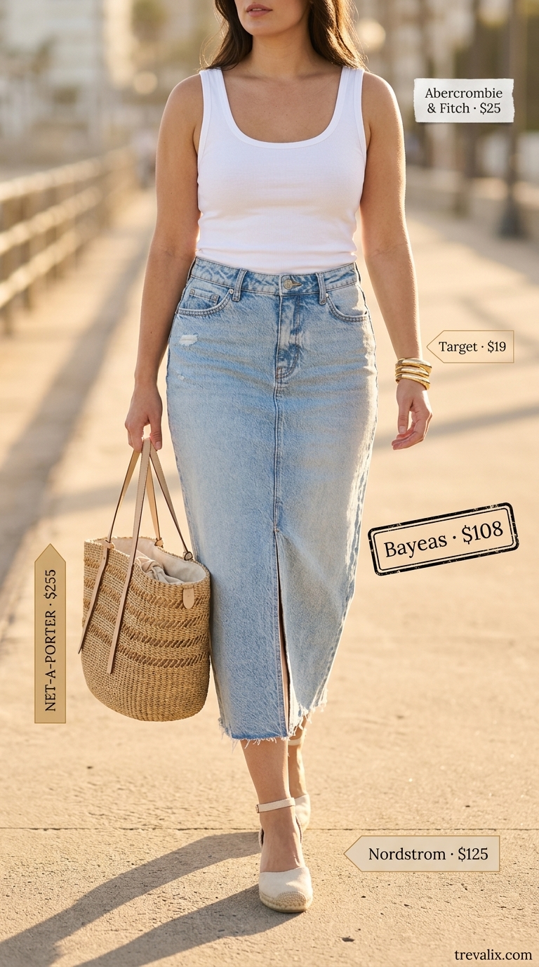 Midsize denim outfits summer for women 2026: Light wash denim midi skirt with ribbed tank and straw tote.