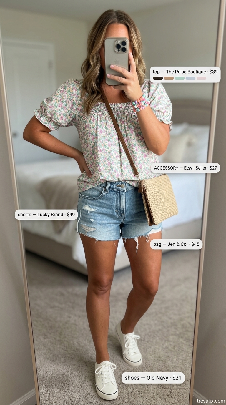 Midsize denim outfits summer for women 2026: Pink floral blouse with light wash denim shorts and straw bag.