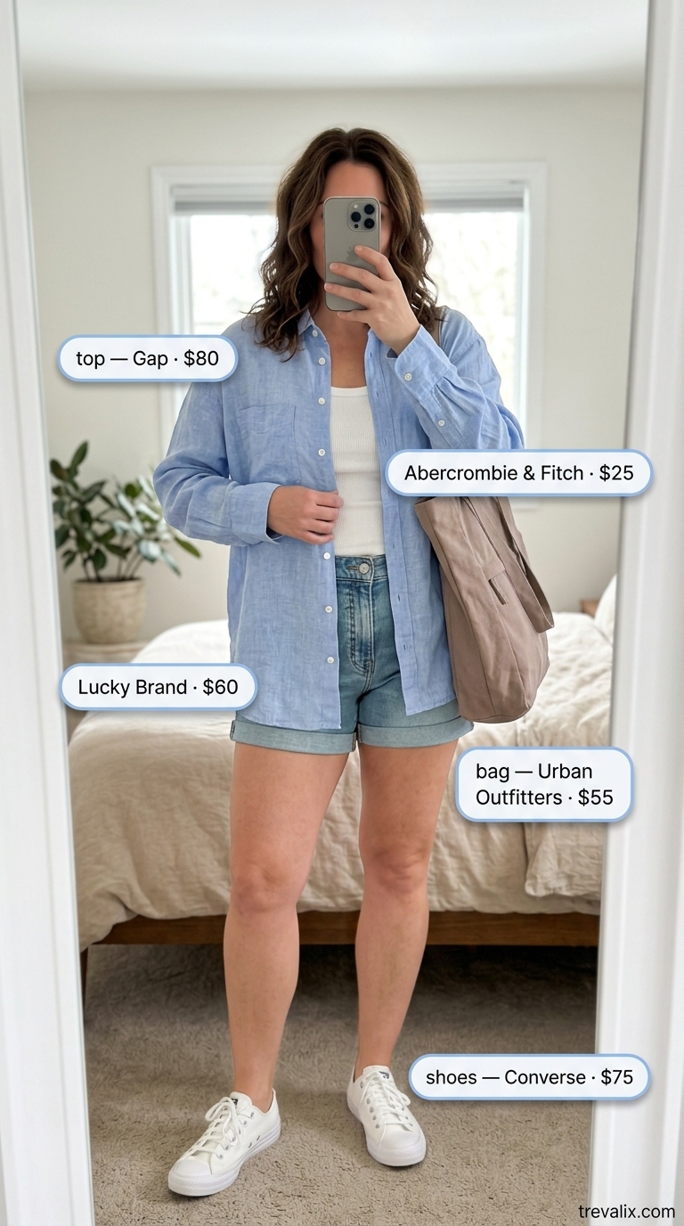 Midsize denim outfits summer for women 2026: Medium wash denim shorts with linen shirt and canvas tote.