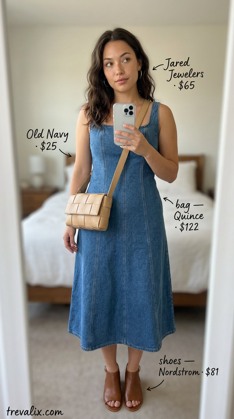 Midsize denim outfits summer for women 2026: Midi denim dress with tan mules and crossbody bag.
