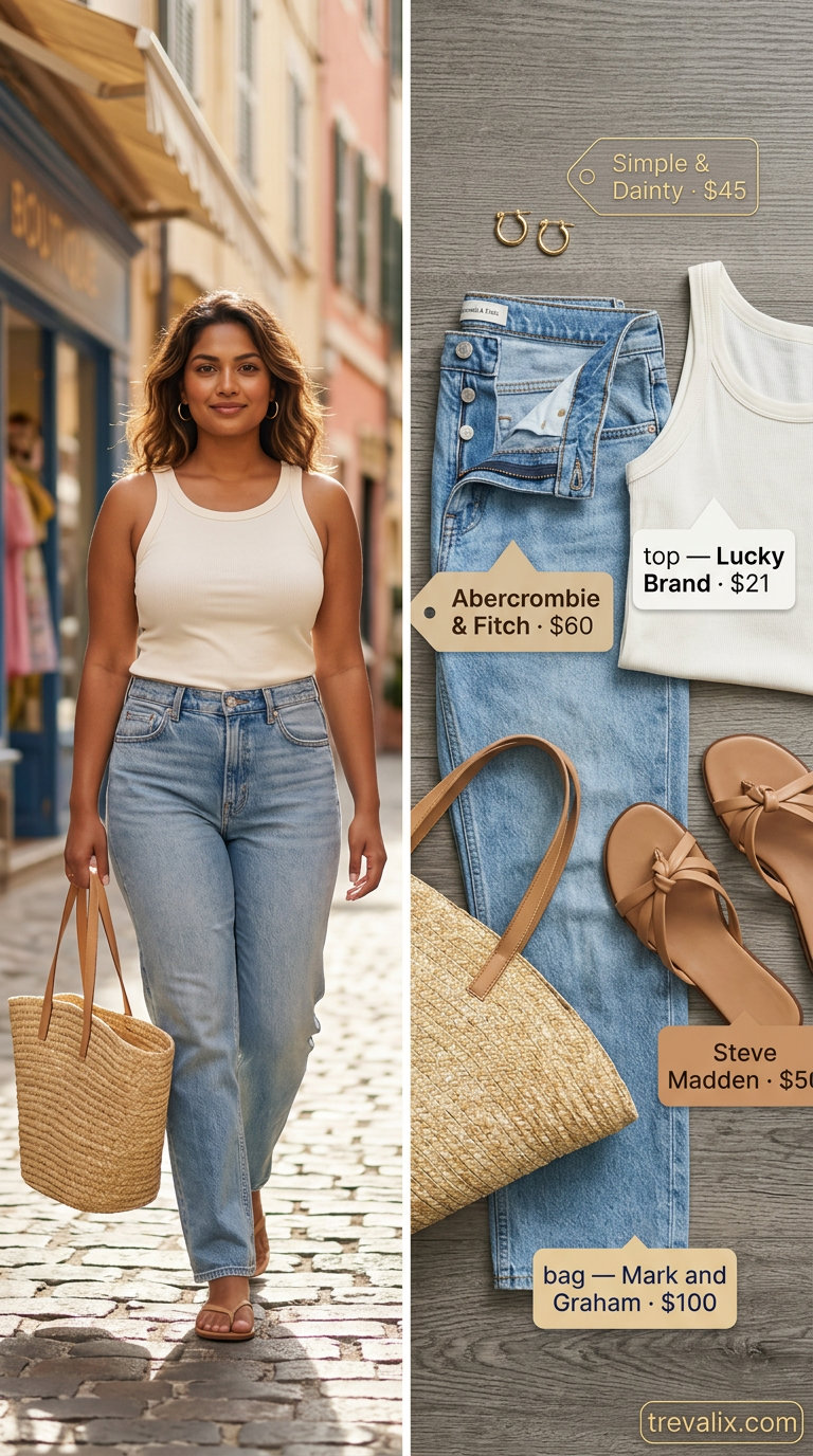 Midsize denim outfits summer for women 2026: Straight leg denim jeans with ribbed tank and straw tote.