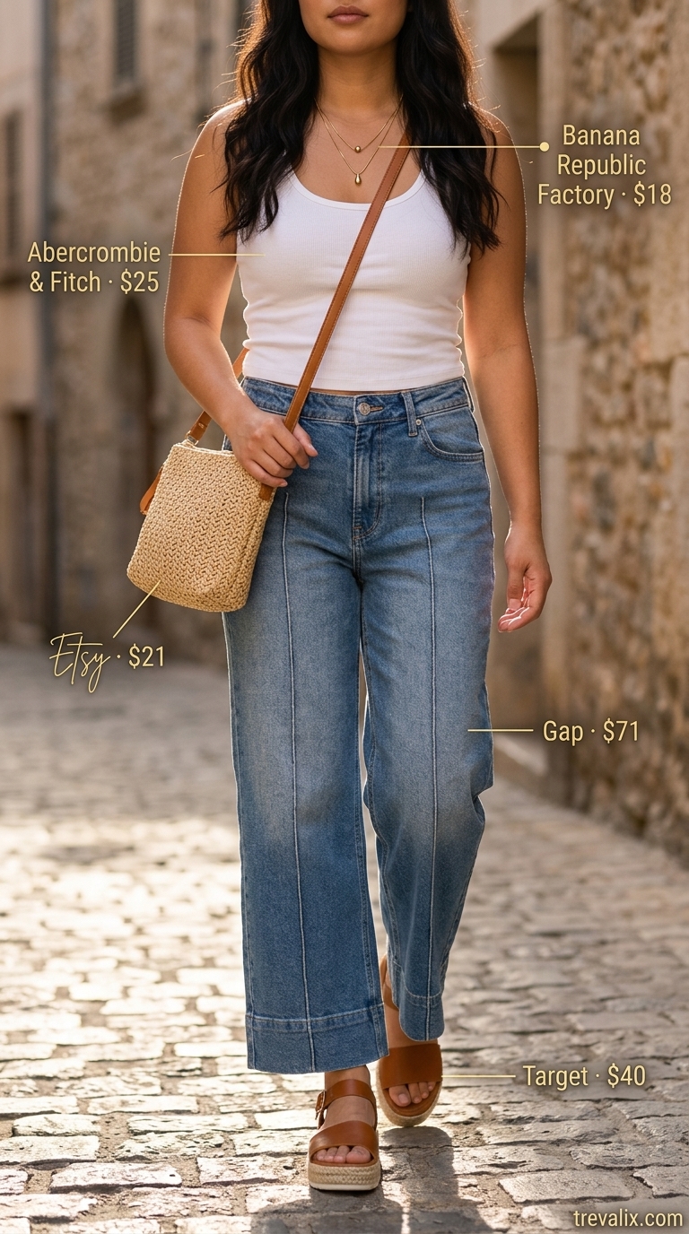 Midsize denim outfits summer for women 2026: Wide leg denim pants with ribbed tank and espadrilles.