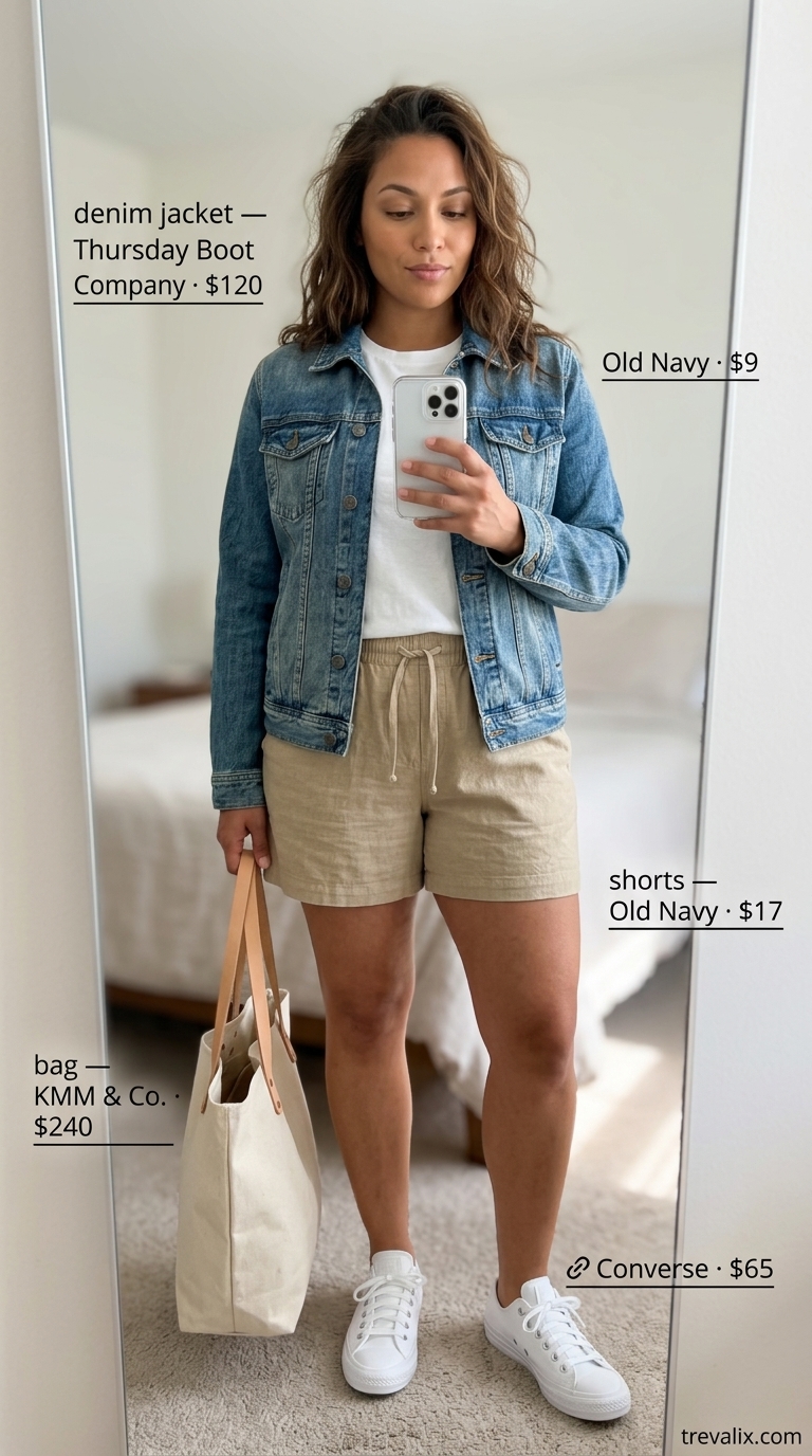 Midsize denim outfits summer for women 2026: Denim jacket, linen shorts, crew neck tee, canvas tote.