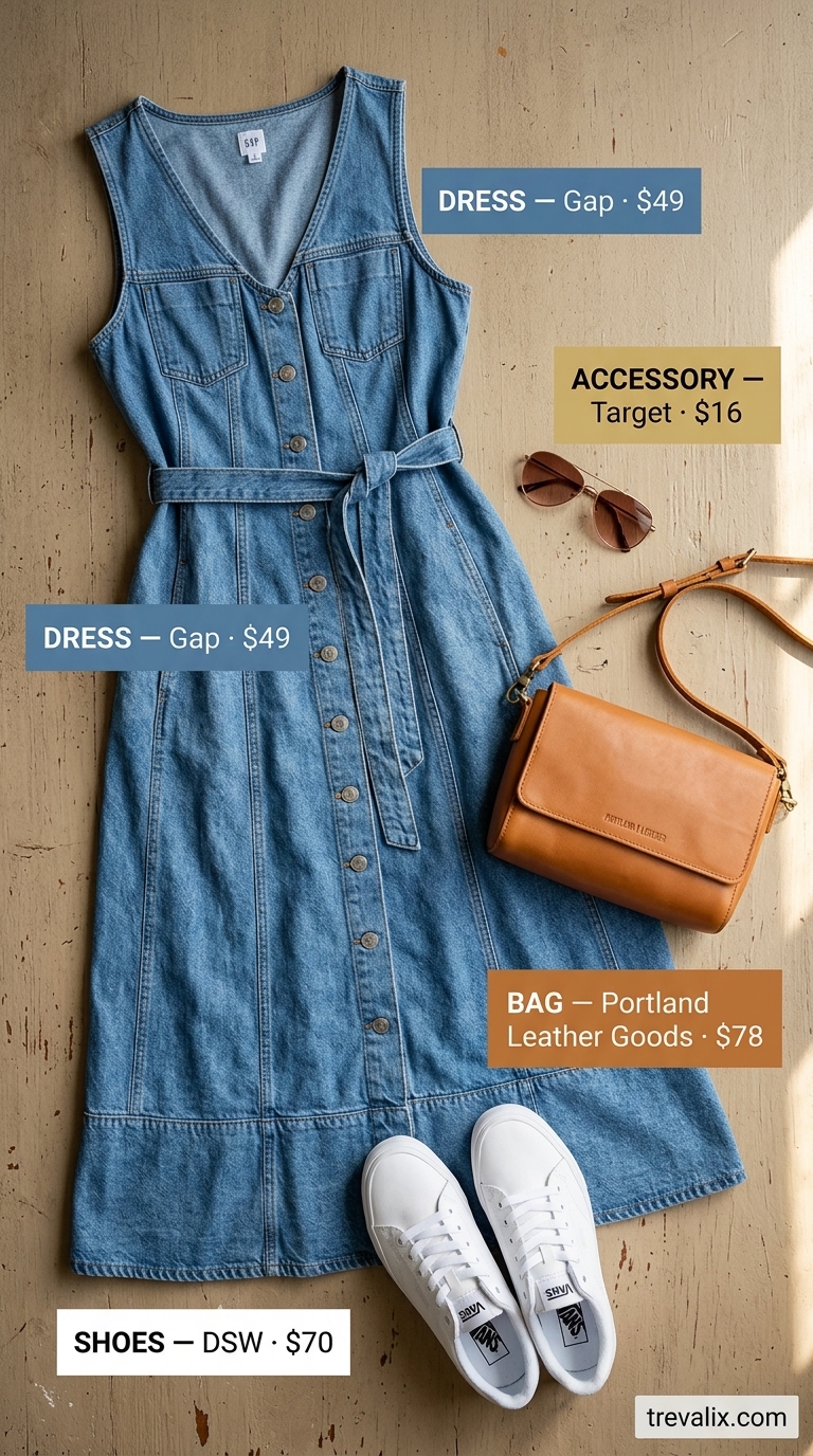 Midsize denim outfits summer for women 2026: Denim maxi dress, white sneakers, tan crossbody bag.