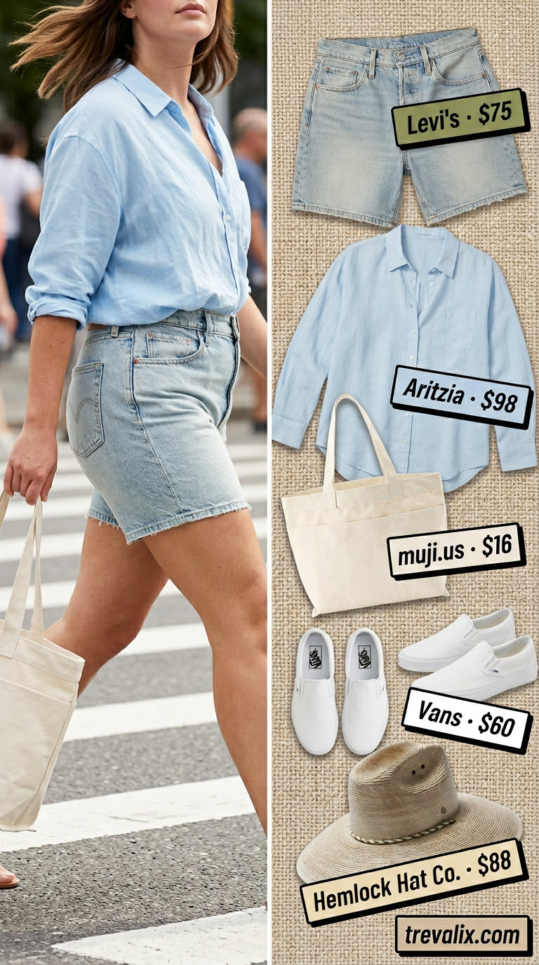Midsize denim outfits summer for women 2026: Denim shorts, linen shirt, canvas sneakers, straw hat.