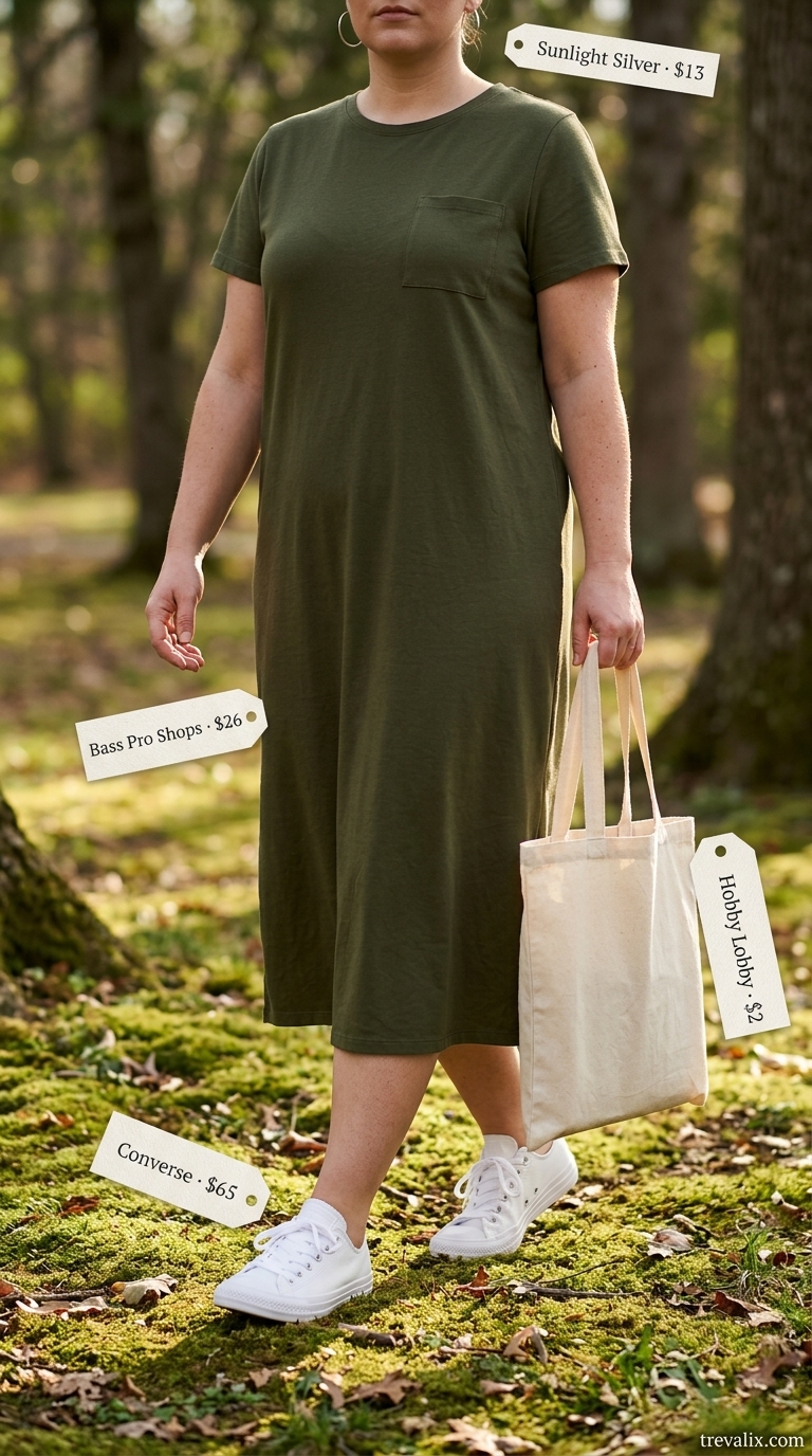 Midsize denim outfits summer for women 2026: T-shirt dress, denim jacket, sneakers, tote bag.