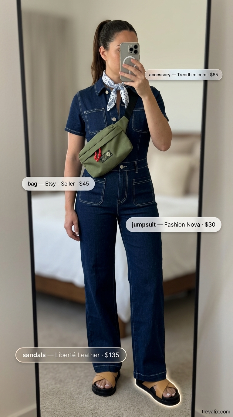 Midsize denim outfits summer for women 2026: Dark wash short-sleeve denim jumpsuit, platform sandals, canvas belt bag.