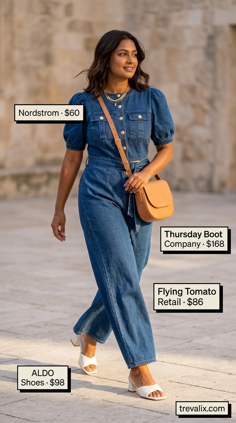 Midsize denim outfits summer for women 2026: Medium wash utility denim jumpsuit, white mules, gold necklaces.