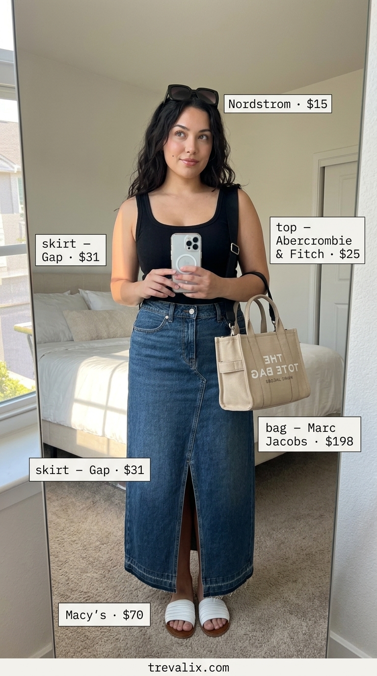 Midsize denim outfits summer for women 2026: Dark wash maxi denim skirt, black ribbed tank, white slides, canvas tote.