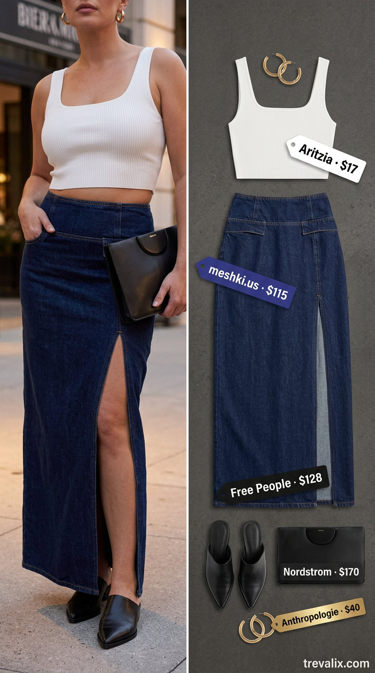 Midsize denim outfits summer for women 2026: Dark wash maxi denim skirt, white cropped knit top, black mules, gold hoops.