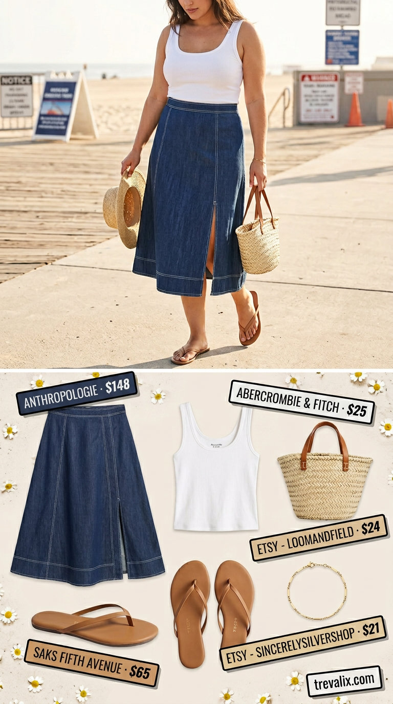 Midsize denim outfits summer for women 2026: Medium wash A-line midi denim skirt, white knit tank, straw tote.