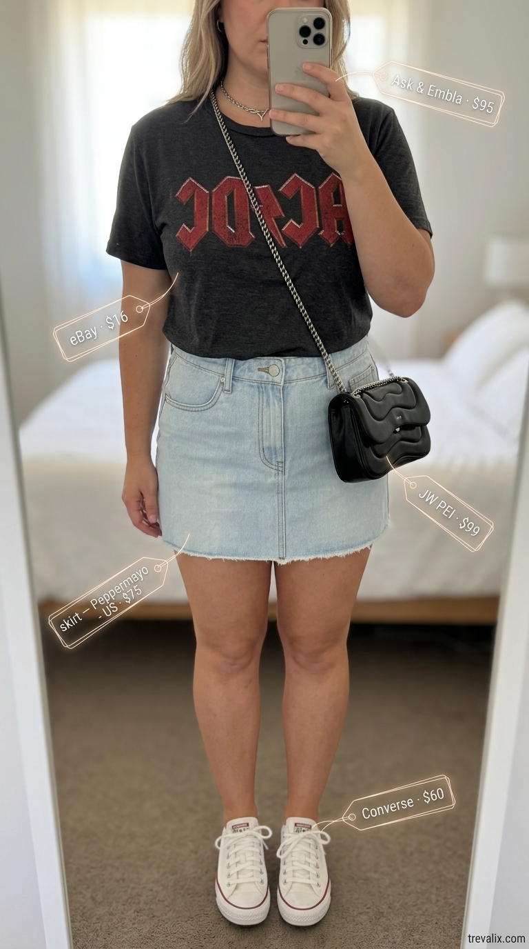 Midsize denim outfits summer for women 2026: Light wash distressed mini denim skirt, vintage graphic tee, canvas sneakers.